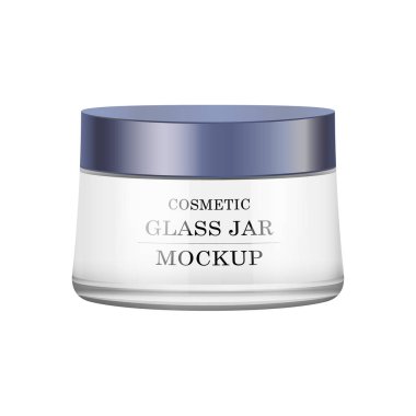 Gerçekçi beyaz cam kavanoz için Kozmetik Parfümeri Ürünleri - vücut krema, tereyağı, bodur, banyo tuzu, jel, Cilt Bakımı, mavi plastik kapak ile toz. Premium ürün. Paket şablon. Vektör yukarı alay.