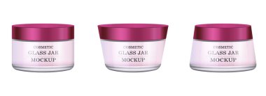 Gerçekçi beyaz cam kavanoz için Kozmetik Parfümeri Ürünleri - vücut kremi, tereyağı, bodur, Vakfı krem, jel, Cilt Bakımı, mor plastik kapak ile toz. Premium ürün. Paket şablon. Vektör kurmak sahte.