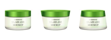 Gerçekçi beyaz cam kavanoz için Kozmetik Parfümeri Ürünleri - vücut krema, tereyağı, bodur, banyo tuzu, jel, Cilt Bakımı, yeşil plastik kapak ile toz. Premium ürün. Paket şablon. Vektör yukarı alay.