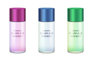 Gerçekçi beyaz cam kavanoz için Kozmetik Parfümeri Ürünleri - vücut kremi, tereyağı, bodur, Vakfı krem, jel, Cilt Bakımı, plastik kapak ile toz. Premium ürün. Paket şablon. Vektör kurmak sahte.