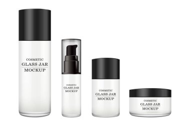 Gerçekçi beyaz cam kavanoz için Kozmetik Parfümeri Ürünleri - vücut kremi, tereyağı, bodur, Vakfı krem, jel, Cilt Bakımı, plastik kapak ile toz. Premium ürün. Paket şablon. Vektör kurmak sahte.