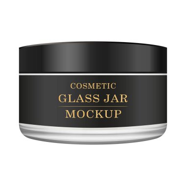 Gerçekçi cam kavanoz için Kozmetik Parfümeri Ürünleri - vücut kremi, tereyağı, bodur, Vakfı krem, jel, Cilt Bakımı, siyah etiket ile toz. Premium ürün. Paket şablon. Vektör yukarı alay.