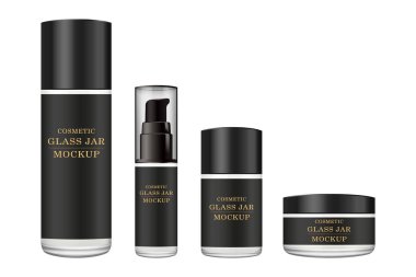 Gerçekçi beyaz cam kavanoz için Kozmetik Parfümeri Ürünleri - vücut kremi, tereyağı, bodur, Vakfı krem, jel, Cilt Bakımı, plastik kapak ile toz. Premium ürün. Paket şablon. Vektör kurmak sahte.