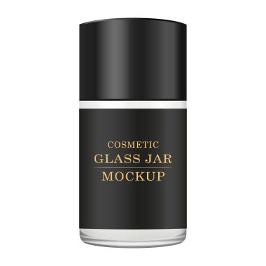 Gerçekçi cam kavanoz için Kozmetik Parfümeri Ürünleri - vücut kremi, tereyağı, bodur, Vakfı krem, jel, Cilt Bakımı, siyah etiket ile toz. Premium ürün. Paket şablon. Vektör yukarı alay.