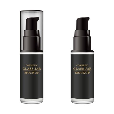 Gerçekçi beyaz cam kavanoz için Kozmetik Parfümeri Ürünleri - vücut kremi, tereyağı, bodur, Vakfı krem, jel, Cilt Bakımı, plastik kapak ile toz. Premium ürün. Paket şablon. Vektör kurmak sahte.