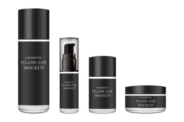 Gerçekçi beyaz cam kavanoz için Kozmetik Parfümeri Ürünleri - vücut kremi, tereyağı, bodur, Vakfı krem, jel, Cilt Bakımı, plastik kapak ile toz. Premium ürün. Paket şablon. Vektör kurmak sahte.