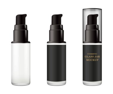 Gerçekçi beyaz cam kavanoz için Kozmetik Parfümeri Ürünleri - vücut kremi, tereyağı, bodur, Vakfı krem, jel, Cilt Bakımı, plastik kapak ile toz. Premium ürün. Paket şablon. Vektör kurmak sahte.