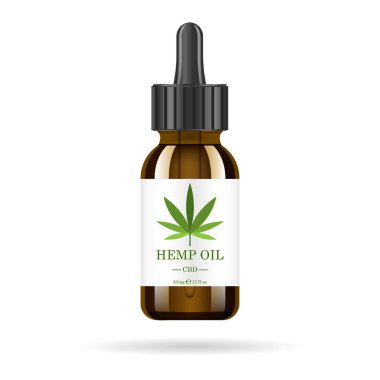 Kenevir yağı ile gerçekçi kahverengi cam şişe. Kenevir yağı özler kavanoz kadar alay. Tıbbi marihuana logosuna etiket. Vektör çizim.