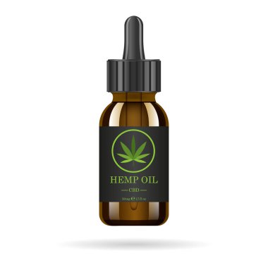 Kenevir yağı ile gerçekçi kahverengi cam şişe. Kenevir yağı özler kavanoz kadar alay. Tıbbi marihuana logosuna etiket. Vektör çizim.