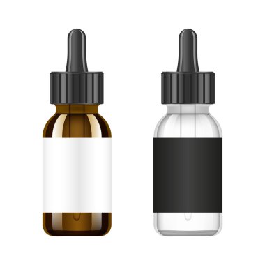 Gerçekçi esans kahverengi ve beyaz şişe. Şişe sahte. Kozmetik şişe, şişe, flacon. Tıbbi banka. Tasarım etiketi ile kozmetik damlalık şişe. Vektör çizim set.