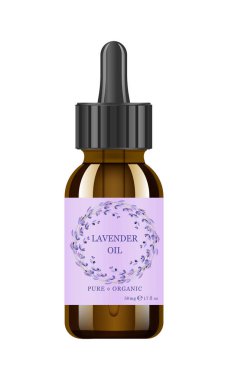 Lavanta yağı cam. Vektör ambalaj tasarım şablonu ve amblem - güzellik ve Kozmetik yağı - lavanta. Lavanta yağı özü şişe kadar alay.