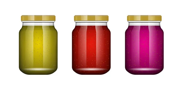 Kiwi à la confiture. Bocal en verre avec confiture et configurer. Illustration vectorielle. Collecte d'emballages. Étiquette pour confiture. Banque réaliste. Maquette pot en verre sans étiquette de conception et logo . — Image vectorielle