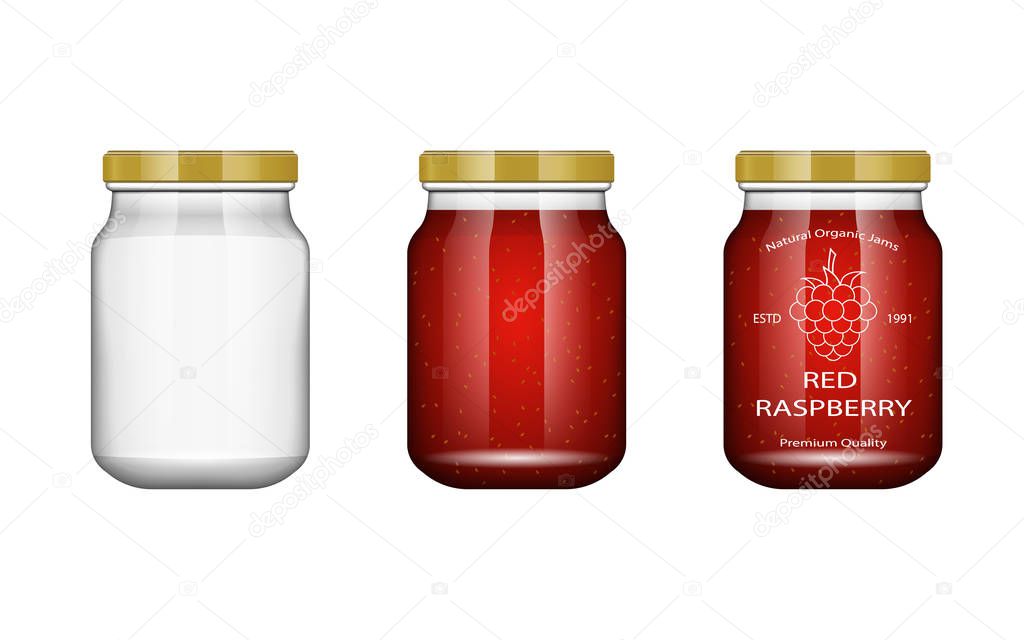 Glass jar with jam and configure with blackberry and raspberry. Vector illustration. Packaging collection. Label for jam. Bank realistic. Mock up glass jar with design label and logo