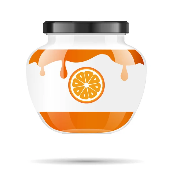 Glazen pot met jam en configureren met oranje. Vectorillustratie. Verpakking collectie. Label voor jam. Bank realistisch. Mock up glazen pot met design label en logo. — Stockvector