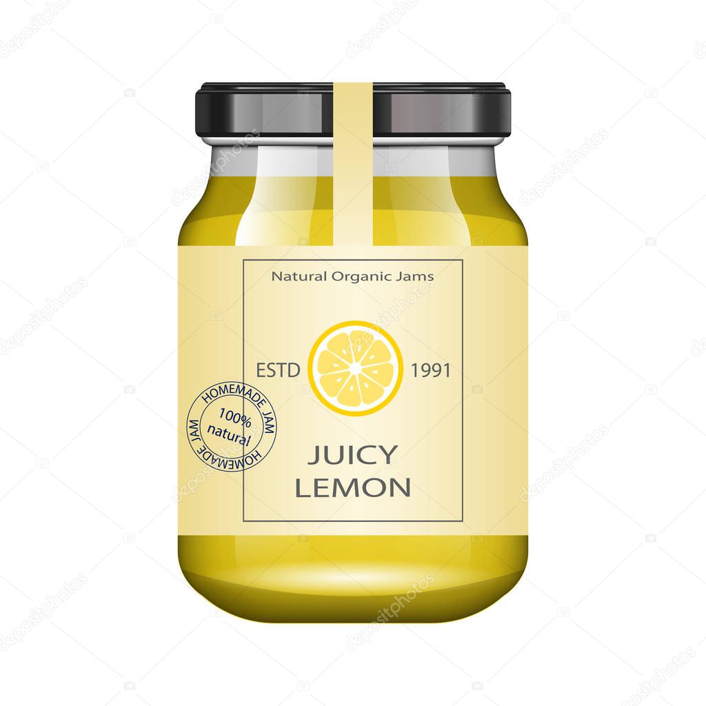 Glass jar with lemon jam and configure. Vector illustration. Packaging collection. Vintage Label for jam. Bank realistic. Mock up glass jar with design label and logo