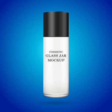 Gerçekçi beyaz cam kavanoz için Kozmetik Parfümeri Ürünleri - sprey, vücut kremi, tereyağı, bodur, Vakfı krem, jel, Cilt Bakımı, mavi arka plan üzerinde. Premium ürün. Paket şablon. Vektör kurmak sahte.