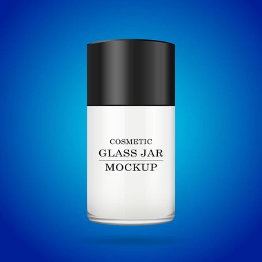 Gerçekçi beyaz cam kavanoz için Kozmetik Parfümeri Ürünleri - sprey, vücut kremi, tereyağı, bodur, Vakfı krem, jel, Cilt Bakımı, mavi arka plan üzerinde. Premium ürün. Paket şablon. Vektör kurmak sahte.