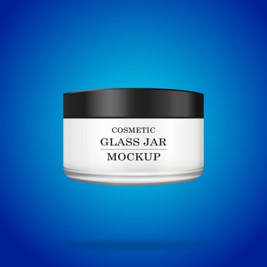 Gerçekçi beyaz cam kavanoz için Kozmetik Parfümeri Ürünleri - sprey, vücut kremi, tereyağı, bodur, Vakfı krem, jel, Cilt Bakımı, mavi arka plan üzerinde. Premium ürün. Paket şablon. Vektör kurmak sahte.