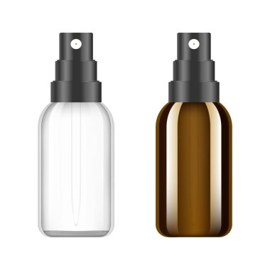 Realistic brown and white bottle. Mock up of cosmetic spray jar. Cosmetic vial, flask, perfume flacon. Medical bottle with design label. Vector illustration set. clipart