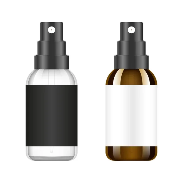 Realistische braune und weiße Flasche. Mock-up von kosmetischen Sprühdose. Fläschchen, Fläschchen, Parfümflakons. medizinische Flasche mit Design-Etikett. Vektor Illustration Set. — Stockvektor