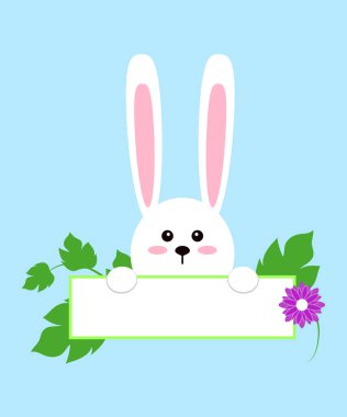 Beyaz Paskalya tavşanı. Komik tavşan düz tarzı. Paskalya tavşanı. Mavi kış arka plan üzerinde. Vektör çizim.