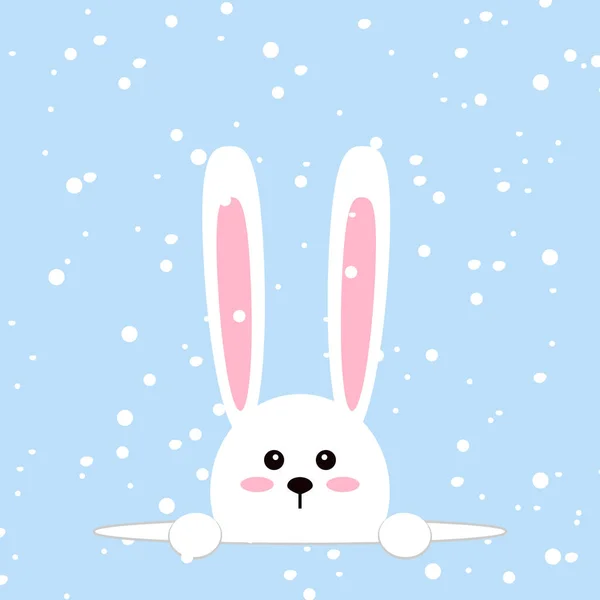 Conejo blanco de Pascua. Conejito divertido en estilo plano. Conejo de Pascua. Sobre fondo azul de invierno, la caída de copos de nieve. Ilustración vectorial . — Archivo Imágenes Vectoriales