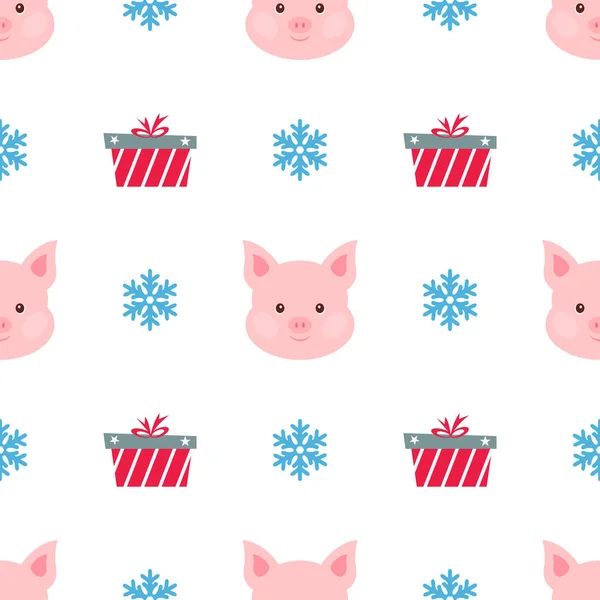Weihnachtskarte. Porträt von rosa Schwein mit Geschenkbox, Schneeflocke. Lustiges Cartoon-Gesicht eines Schweins. Spaß Tiere nahtlose Muster. Vektorillustration. — Stockvektor