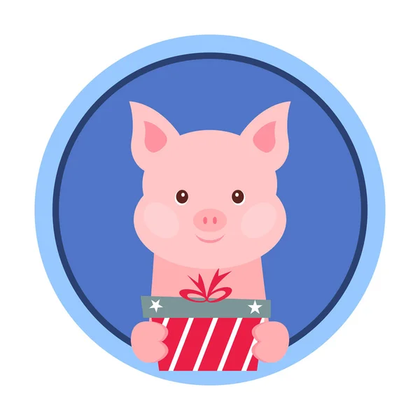 Biglietto di Natale. Ritratto di maiale rosa con confezione regalo. Divertente faccia da cartone animato di un maiale. Illustrazione vettoriale, Felice anno nuovo 2019 . — Vettoriale Stock