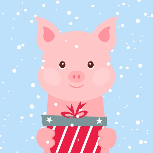 Biglietto di Natale. Ritratto di maiale rosa con scatola regalo, fiocco di neve. Divertente faccia da cartone animato di un maiale. Illustrazione vettoriale, Felice anno nuovo 2019 . — Vettoriale Stock