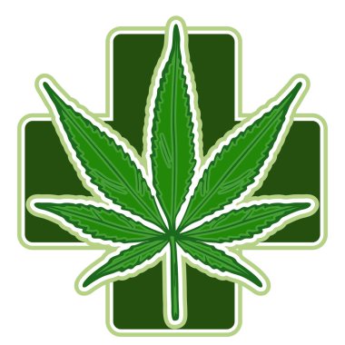 Marihuana yaprağı. Tıbbi esrar. Kenevir yağı. Doğal esrar. Simge ürün etiket ve logo grafik şablonu. İzole vektör çizim.