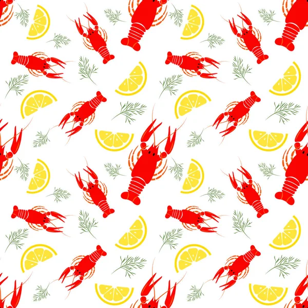 Seamless seafood pattern with boiled crayfish, lemon and dill. Crayfish food background. Great for seafood restaurant menu or kitchen decor. — Stock Vector