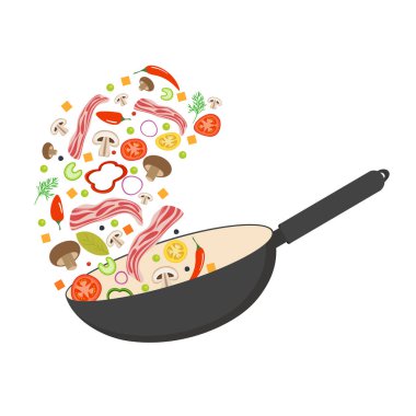Wok tava, domates, kırmızı biber, biber, mantar ve pastırma. Asya gıda. Uçan sebzeler domuz pastırmalı. Düz vektör çizim.
