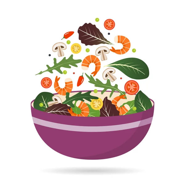 Cuenco de mezcla fresca de hojas de ensalada, verduras y camarones. Arúgula, tomates, pimentón, pimientos y setas. Ilustración vectorial . — Vector de stock