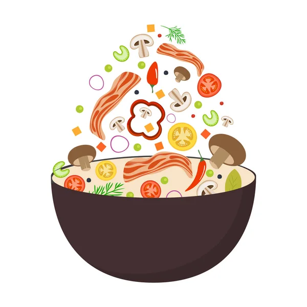 Wok pan, tomato, paprika, pepper, mushroom and bacon. Asian food. Flying vegetables with pork bacon. Flat vector illustration. — Stock Vector
