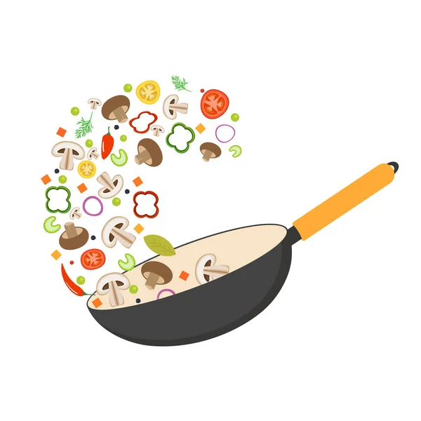 Sartén Wok, tomate, pimentón, pimienta, champiñón shiitake y zanahorias. Comida asiática. Verduras frescas voladoras. Ilustración vectorial plana . — Vector de stock