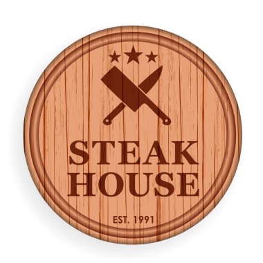 Yuvarlak ahşap tabak, tahta kesme. Biftek tasarım öğeleri şablonu steakhouse için bir logo etiket. Vektör çizim.