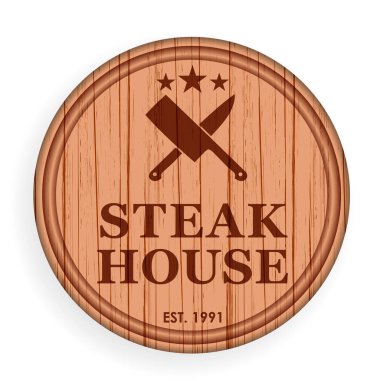 Round wooden plate, cutting board. Steak design elements template for logo label for steakhouse. Vector illustration. clipart