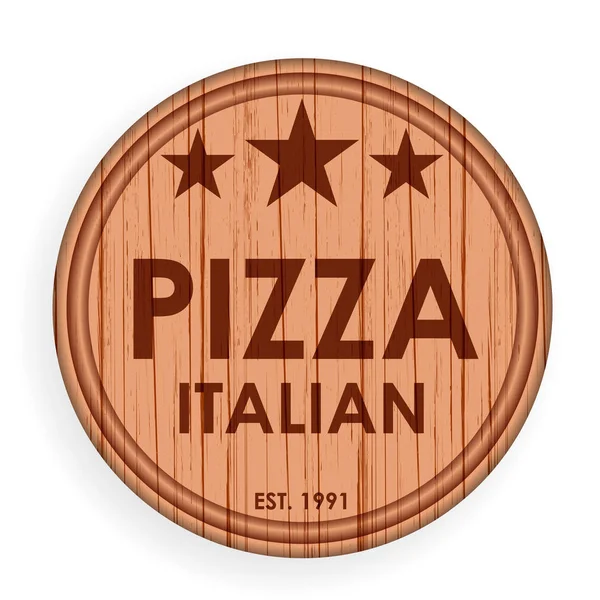 Round wooden plate, cutting board. Pizza design elements template for logo label for pizzeria. Vector illustration. — Stock Vector