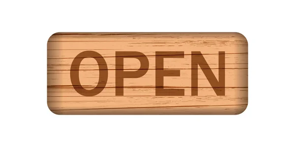 Dřevěná Cedulka otevřené. Kreslený dřevěný knoflík se značkou. Vektorové ilustrace. — Stockový vektor
