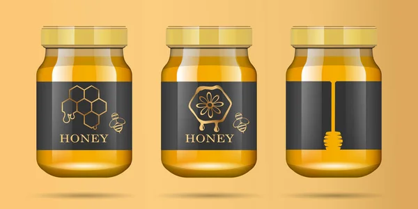 Realistic transparent glass jar with honey. Food bank. Honey packaging design. Honey logo. Mock up glass jar with design label or badges. Premium food product. Vector illustrations. — Stock Vector