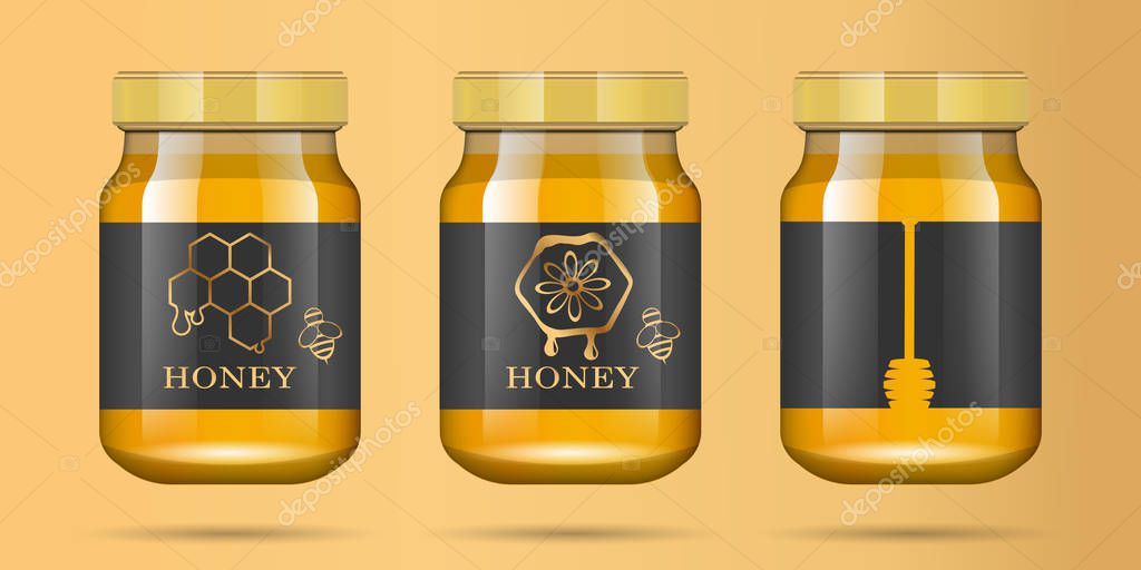 Realistic transparent glass jar with honey. Food bank. Honey packaging design. Honey logo. Mock up glass jar with design label or badges. Premium food product. Vector illustrations