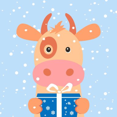 Noel kartı. Hediye kutusu, inekle portresi kar tanesi. Komik karikatür inek yüzü. Vektör çizim, mutlu yeni yıl 2019.