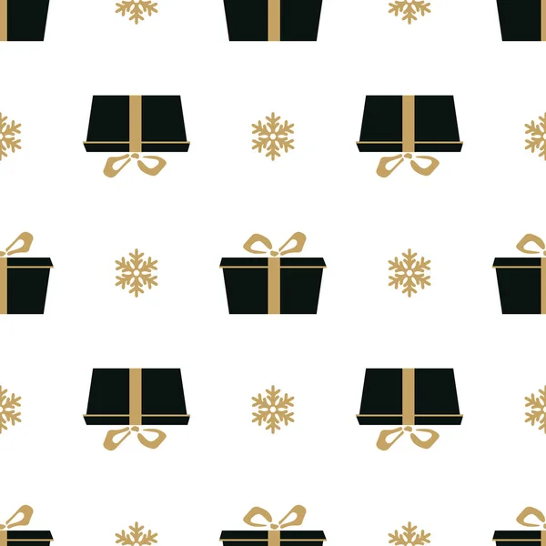 Winter weißen Hintergrund mit schwarz und gold Geschenkbox. für Textilien, Papier, Scrapbooking, Verpackung, Web- und Printdesign. nahtloses Muster. Vektorillustration. — Stockvektor