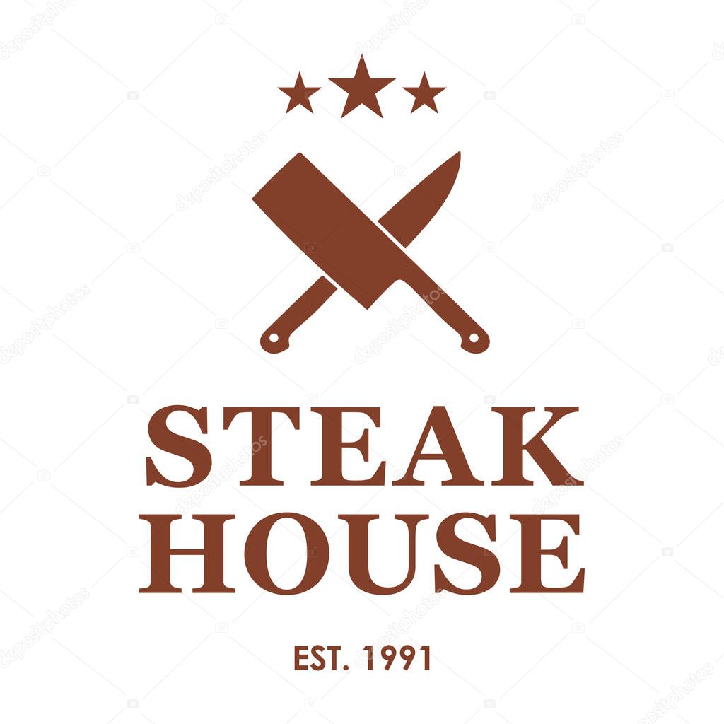 Steakhouse emblem with crossed knives. Steak house or meat store logo templates. Vector illustration
