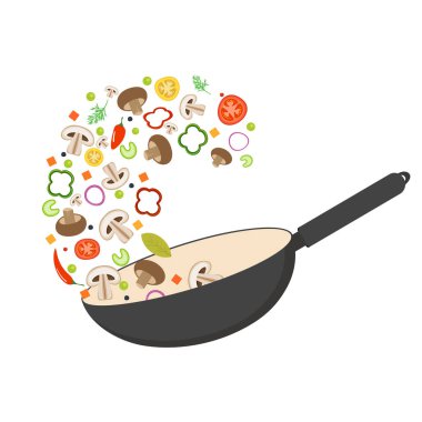 Wok tava, domates, kırmızı biber, biber, shiitake mantar, havuç. Asya gıda. Taze uçan sebze. Düz vektör çizim.