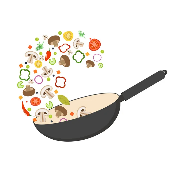 Sartén Wok, tomate, pimentón, pimienta, champiñón shiitake y zanahorias. Comida asiática. Verduras frescas voladoras. Ilustración vectorial plana . — Vector de stock