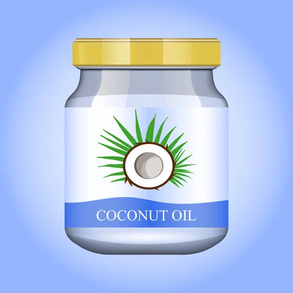 Olio di cocco in vaso di vetro realistico. Modello ed emblema di design del packaging vettoriale - bellezza, olio medico e cosmetico. Flaconcino finto di olio di cocco . — Vettoriale Stock