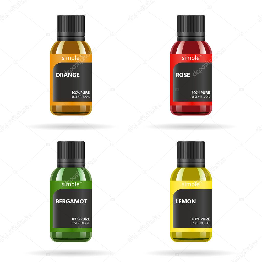 Essential oil in glass jar. Vector packaging design template and emblem - beauty, medical and cosmetic oil. Mock up vial of orange, lemon, bergamot and rose oil essence