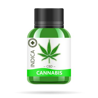 Esrar ile gerçekçi yeşil cam şişe. Alay kadar kenevir yağı özleri, tablet veya kapsül kavanozlarda. Tıbbi marihuana logosuna etiket. Vektör çizim.