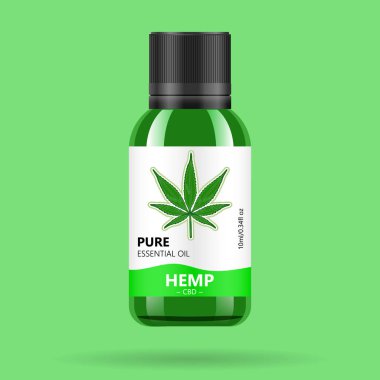 Esrar ile gerçekçi yeşil cam şişe. Alay kadar kenevir yağı özleri, tablet veya kapsül kavanozlarda. Tıbbi marihuana logosuna etiket. Vektör çizim.